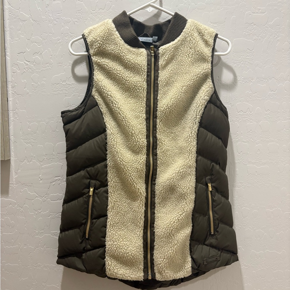 Athleta Olive Green and Cream Sherpa Puffer Vest